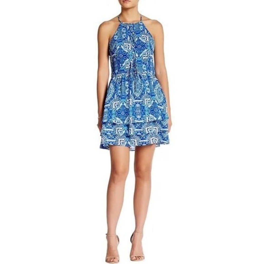 Blue Patterned Halter Dress